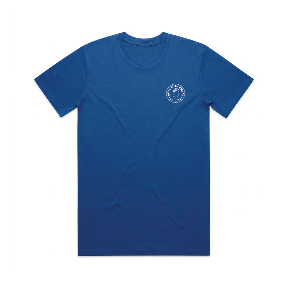 Boys with Bibles Icon adult short sleeve tee in Bright Royal, front view