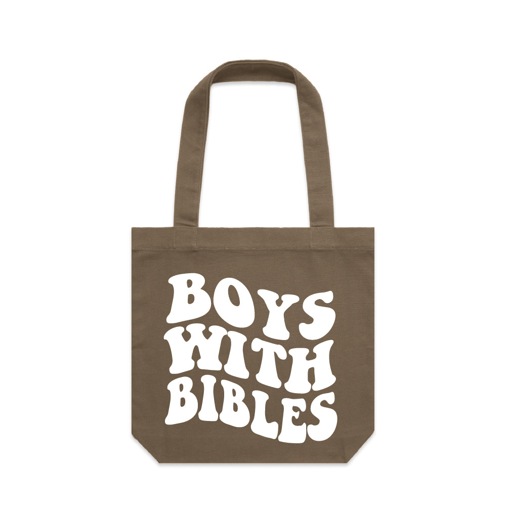 Puff Boys with Bibles canvas tote bag with reinforced shoulder straps