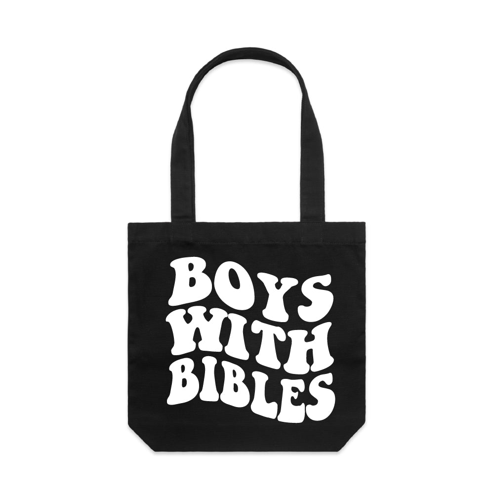 Puff Boys with Bibles canvas tote bag showing the gusseted self-standing base