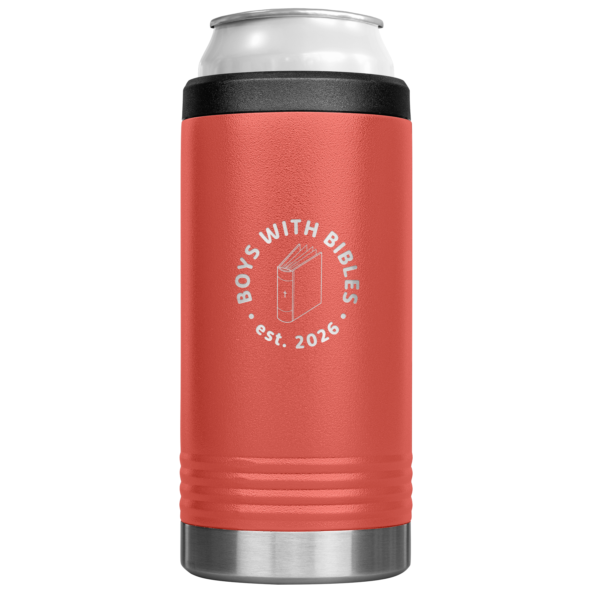 Boys with Bibles Icon 12 oz Cozie insulated can cooler in Coral