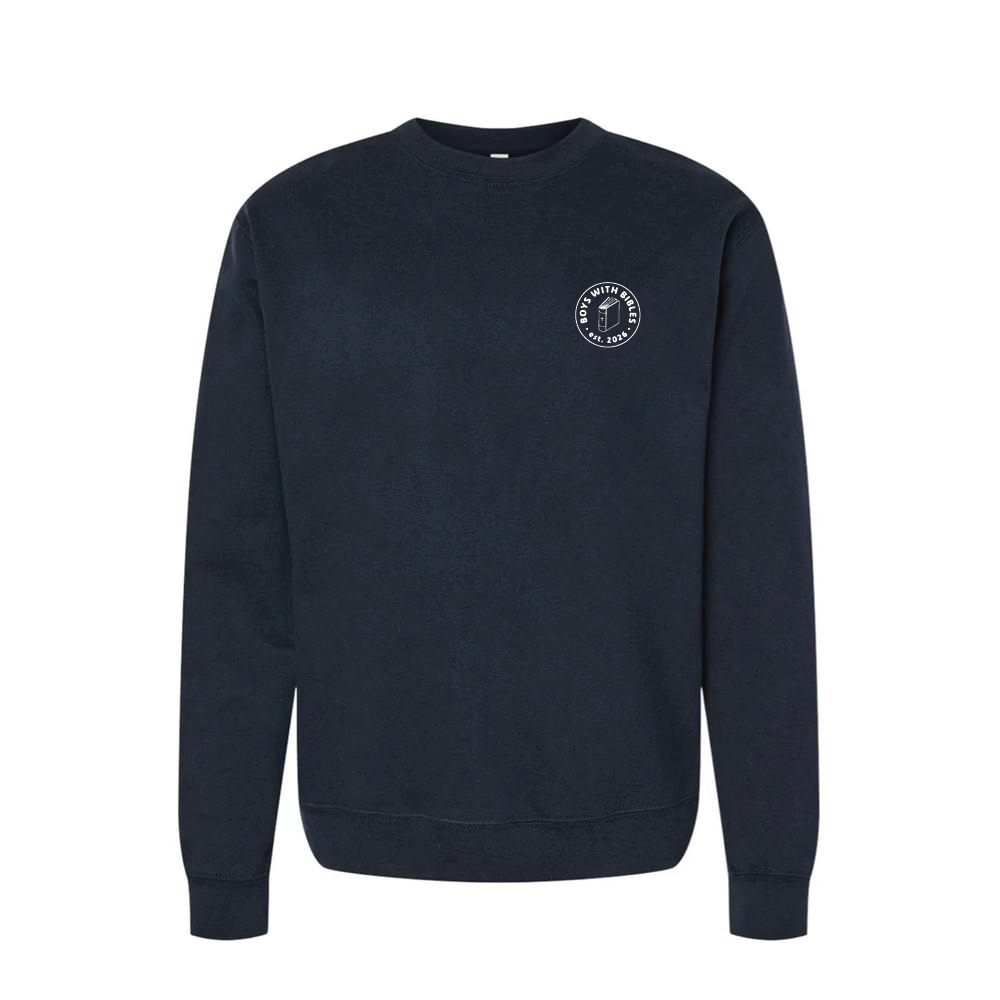 Boys with Bibles Icon youth midweight crewneck sweatshirt in Classic Navy, front view