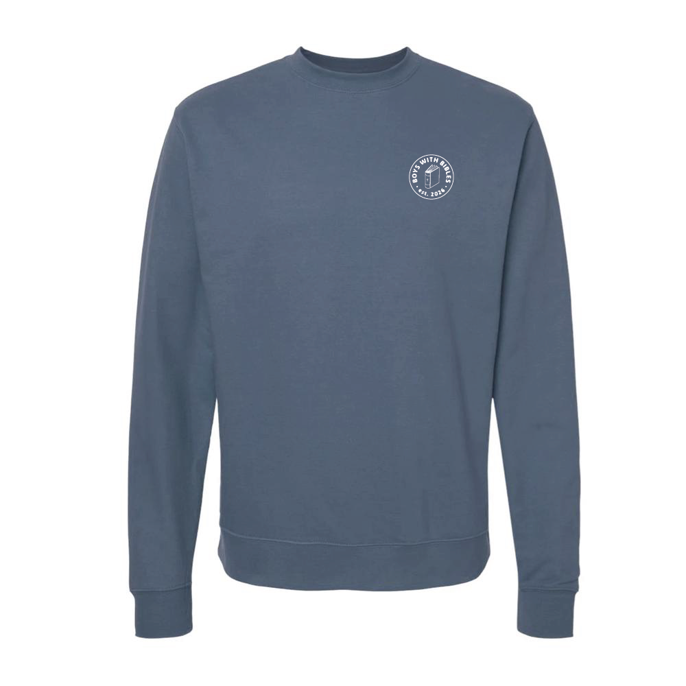 Boys with Bibles Icon youth midweight crewneck sweatshirt in Storm Blue, front view