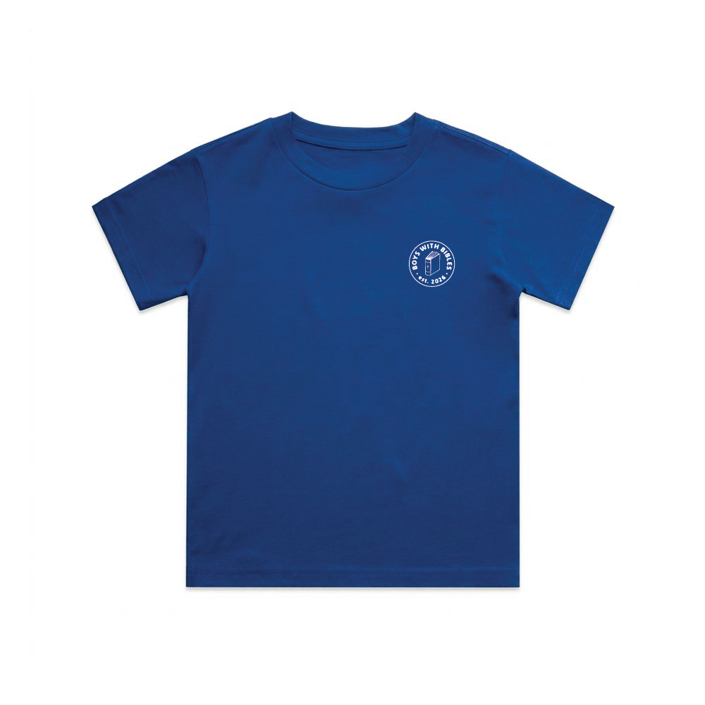 Boys with Bibles Icon toddler short sleeve tee in Bright Royal, front view