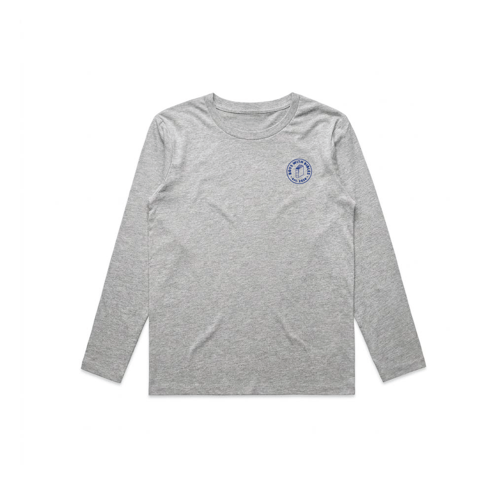 Boys with Bibles Icon youth long sleeve tee in Athletic Heather, front view