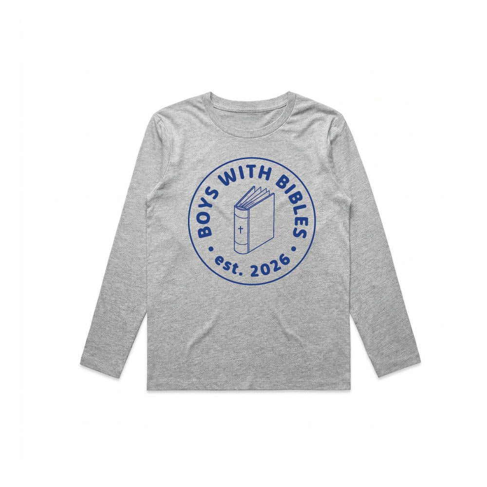 Boys with Bibles Centerstage Christian youth long sleeve tee in athletic heather grey, front view